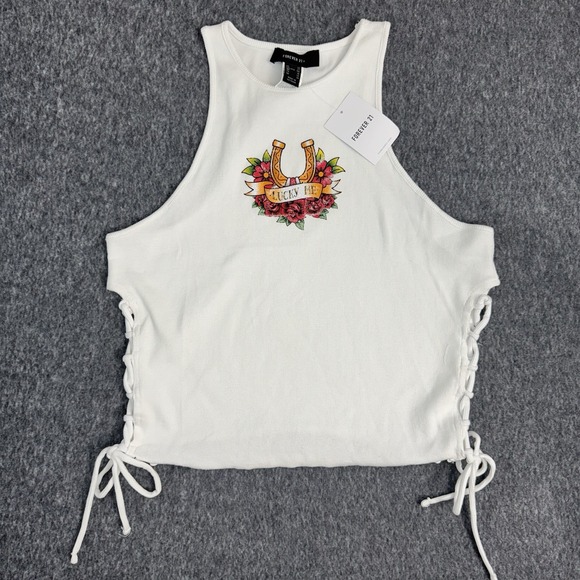 Forever 21 Tops - Forever 21 Plus 1X Lucky Me‎ Horseshoe Lace Up Ribbed Crop Tank Top NWT